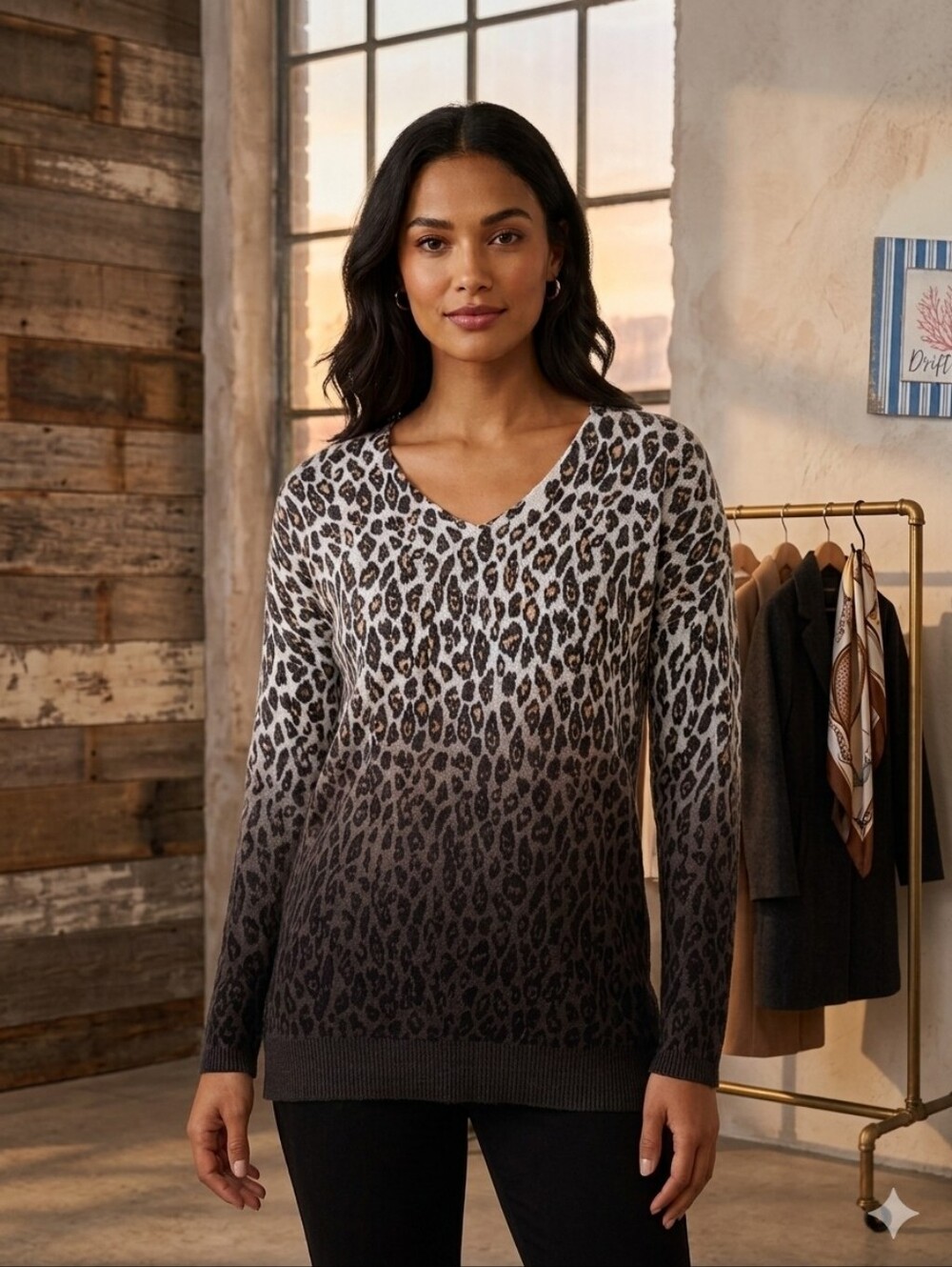 Investments Leopard Print Ombre V-neck Sweater Size Medium